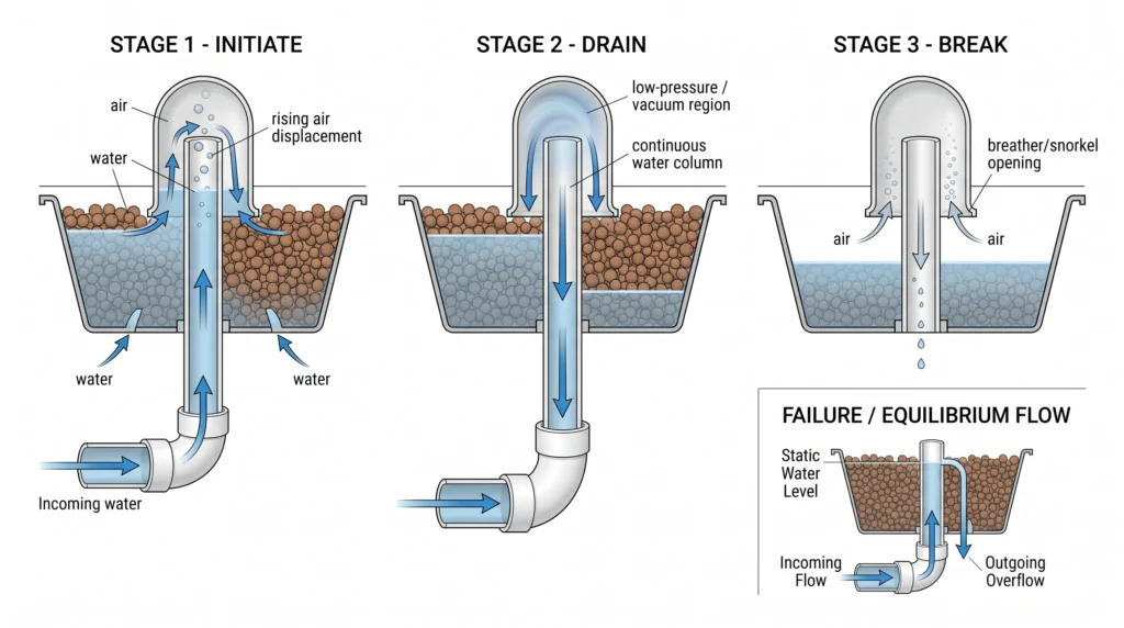 Siphon Drain Systems: Bell Siphon vs Auto-Siphon in Ebb and Flow Hydroponics 2 Diagram showing siphon initiation, rapid drainage, vacuum formation, and siphon break in hydroponics