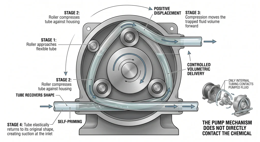 Industrial Peristaltic Dosing Pumps for Automated pH Buffering 1 Peristaltic pump mechanism showing rollers compressing tubing to move dosing fluid