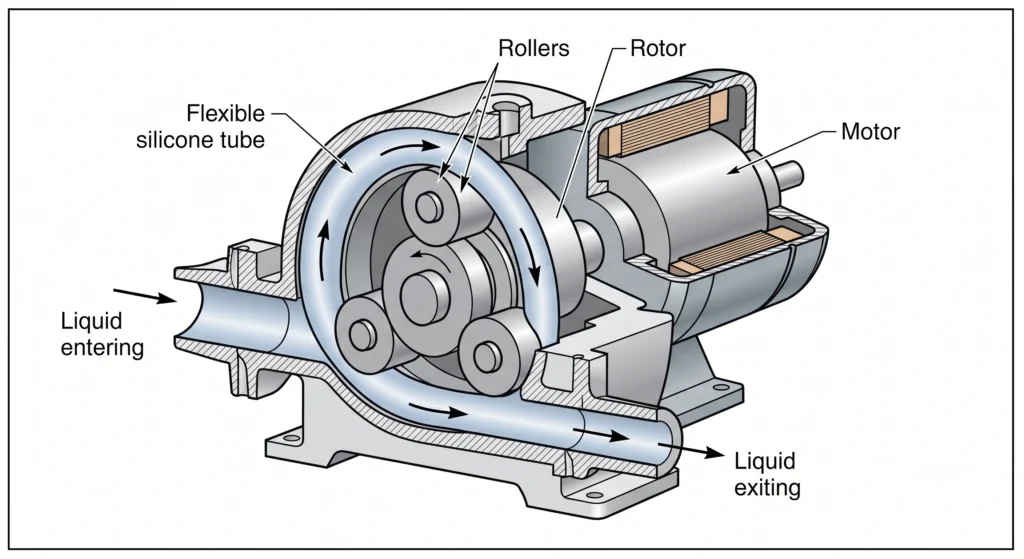 Cutaway illustration showing rollers pushing liquid through flexible tubing inside a peristaltic dosing pump.
