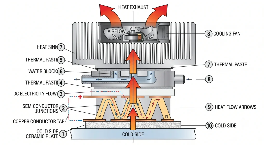 Cross-sectional diagram showing heat transfer inside a TEC1-12706 thermoelectric cooling module.