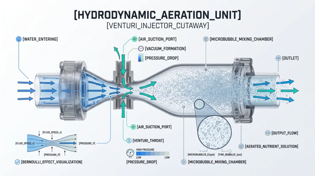 Cross-sectional diagram showing water accelerating through a Venturi injector to draw in air and create microbubbles.