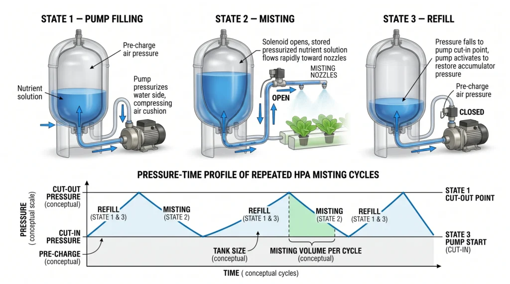 DIY Aeroponic High-Pressure Misting Manifold with 1000 PSI Solenoids: The True HPA Blueprint 12 Diagram showing how an HPA accumulator stores pressurized nutrient solution and supplies repeated misting cycles