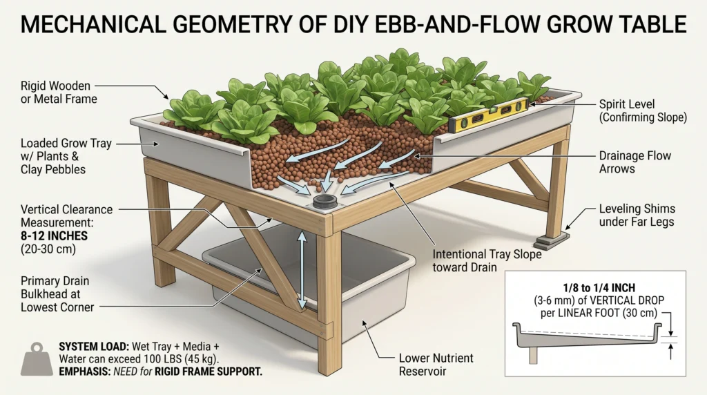 Mechanical assembly infographic showing a strong elevated grow table, vertical clearance, drain bulkhead and slight slope directing water toward the drain.