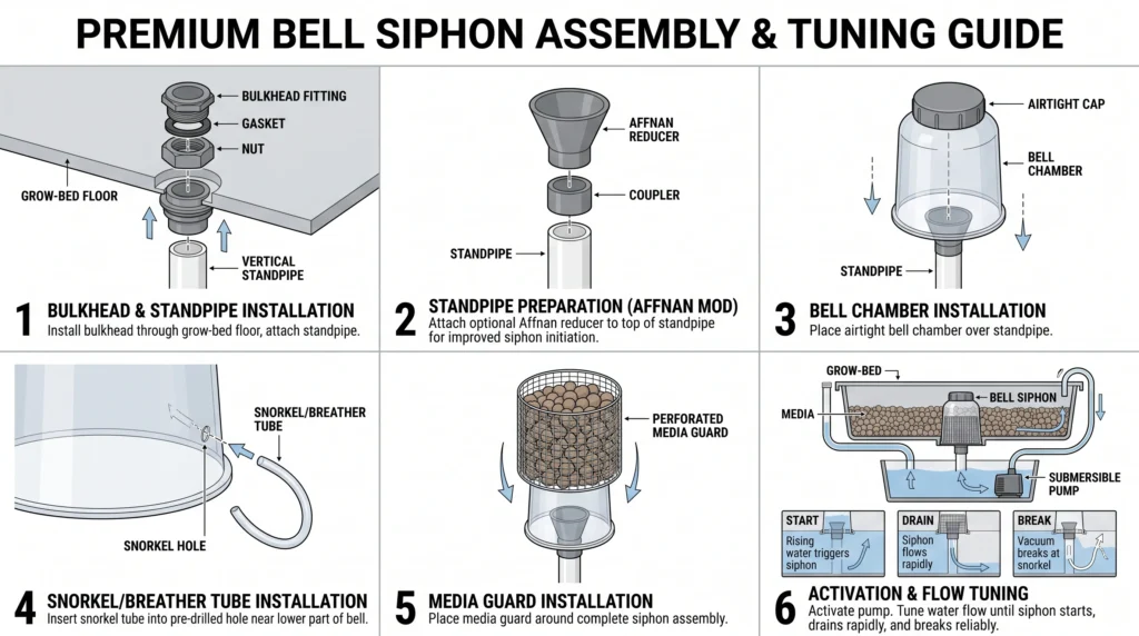Siphon Drain Systems: Bell Siphon vs Auto-Siphon in Ebb and Flow Hydroponics 7 Step-by-step Bell Siphon construction showing bulkhead, standpipe, bell, snorkel, media guard, and tuning