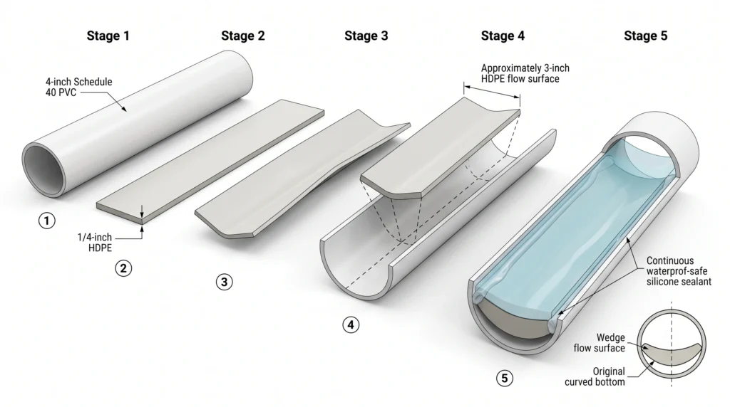 Turn PVC Pipe Into a Real NFT Channel: The Crown Wedge Method 5 Engineering diagram showing an HDPE crown wedge installed inside a 4-inch PVC NFT channel