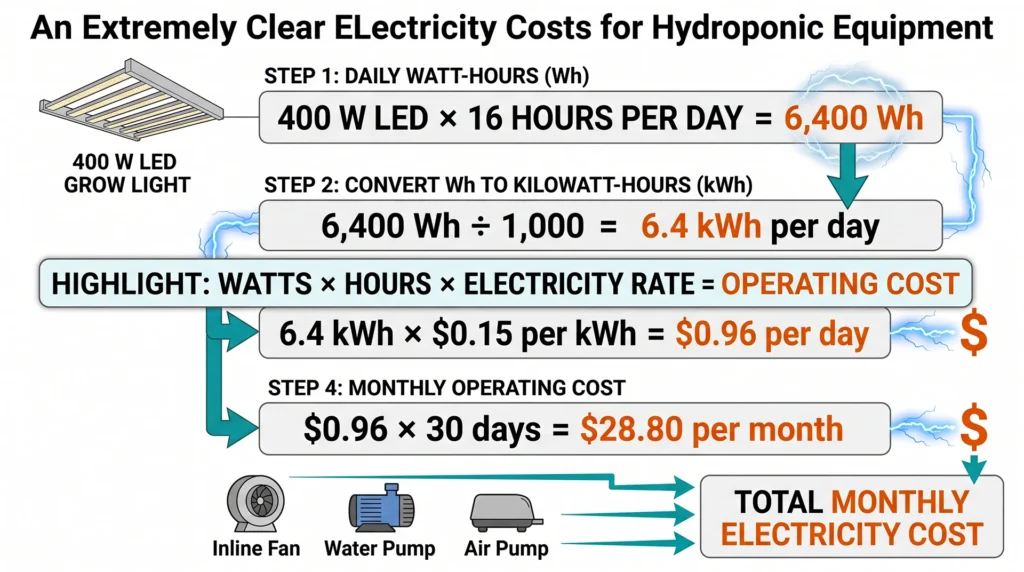 How Much Does a Hydroponic System Cost? Budget Breakdowns for Every Setup 8 Hydroponic electricity cost formula showing how a 400 watt grow light running 16 hours per day costs 28 dollars and 80 cents per month