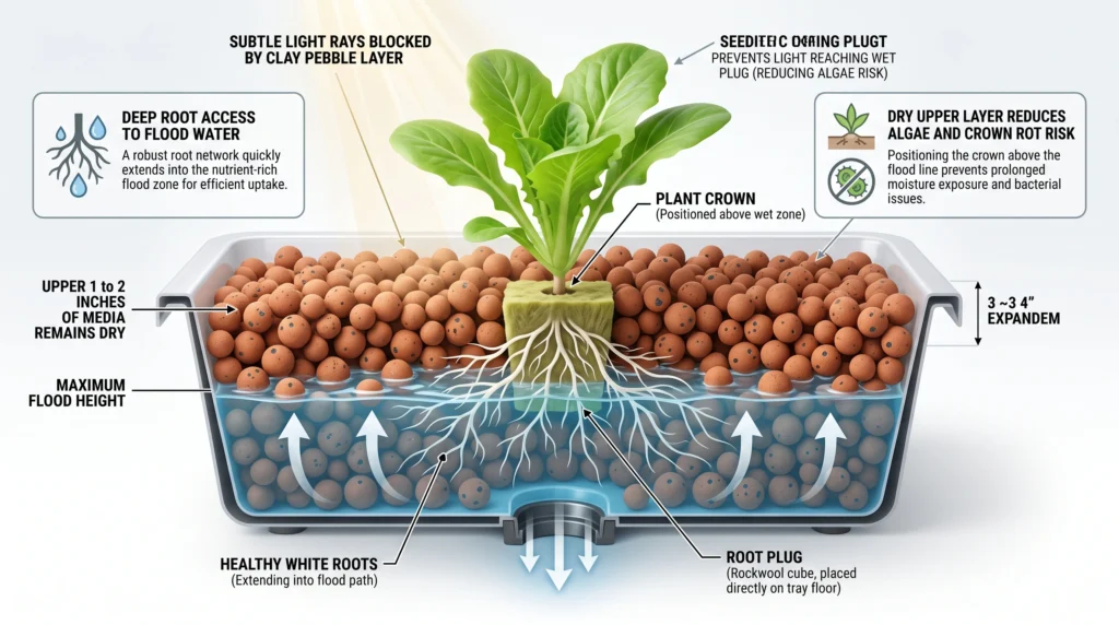 Cutaway diagram showing a seedling root plug placed on the tray floor beneath washed clay pebbles with a dry upper media layer blocking algae.