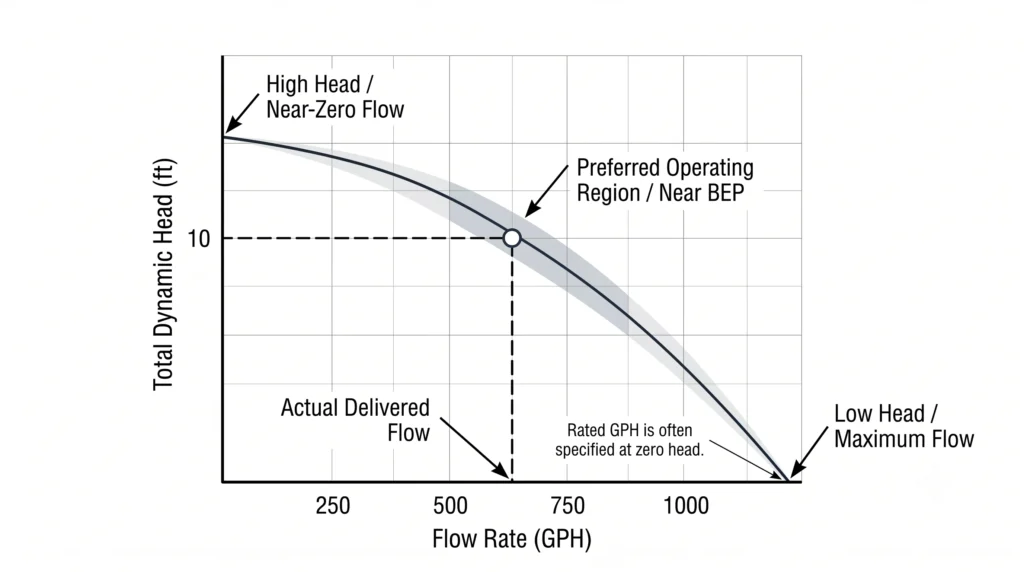 Hydroponic Pump Sizing: Calculating True GPH and Head Loss 9 Pump performance curve showing actual GPH at a calculated total dynamic head