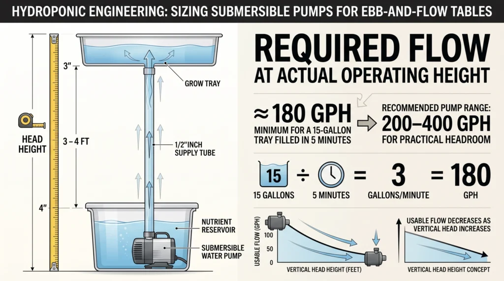 Engineering infographic showing a 200 to 400 GPH submersible pump pushing nutrient solution upward three to four feet to an ebb and flow grow tray.