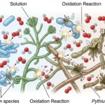 Scientific illustration showing hydrogen peroxide destroying both beneficial microbes and harmful pathogens.