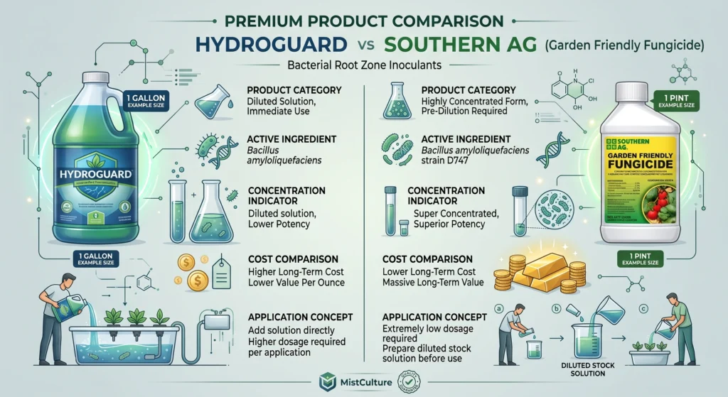 Bacillus vs Trichoderma for DWC: Which Beneficial Microbe Actually Wins? 7 Visual comparison of Hydroguard and Southern Ag Garden Friendly Fungicide concentration and cost efficiency.