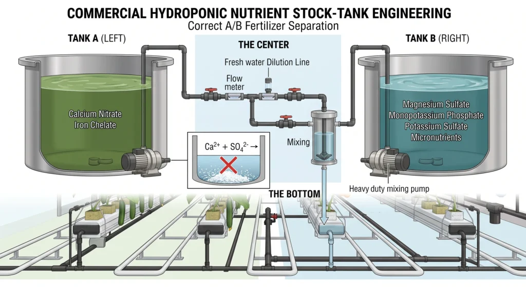 Hydroponic Greenhouse Cucumber and Tomato Production Systems 7 Hydroponic A and B stock tanks separating calcium nitrate from sulfate fertilizers