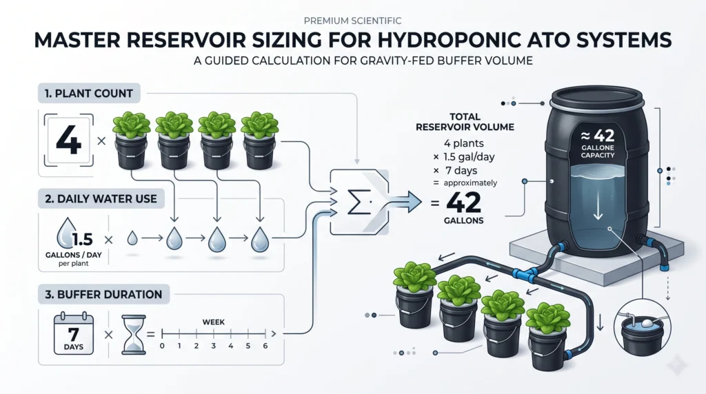 DIY Gravity-Fed Auto-Top Off (ATO) Reservoirs for DWC and Kratky 13 Hydroponic ATO reservoir sizing based on plant count, daily water use, and buffer days