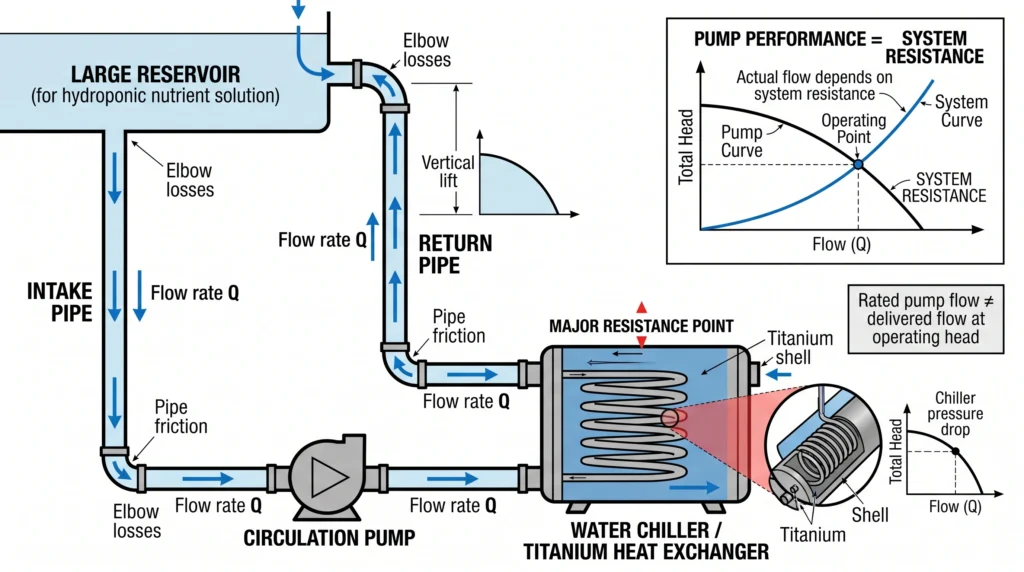 Hydroponic chiller loop showing pump flow, friction loss, head pressure and heat exchanger