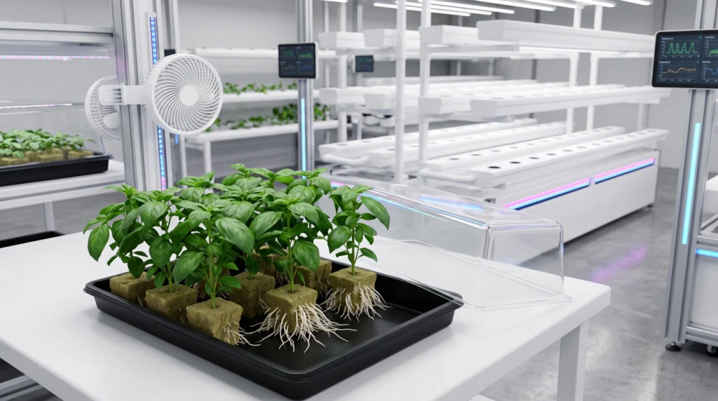 Cloning in Hydroponics: The Engineer's Guide to Vegetative Propagation 11 Rooted hydroponic clones being acclimated after humidity dome removal before transplanting
