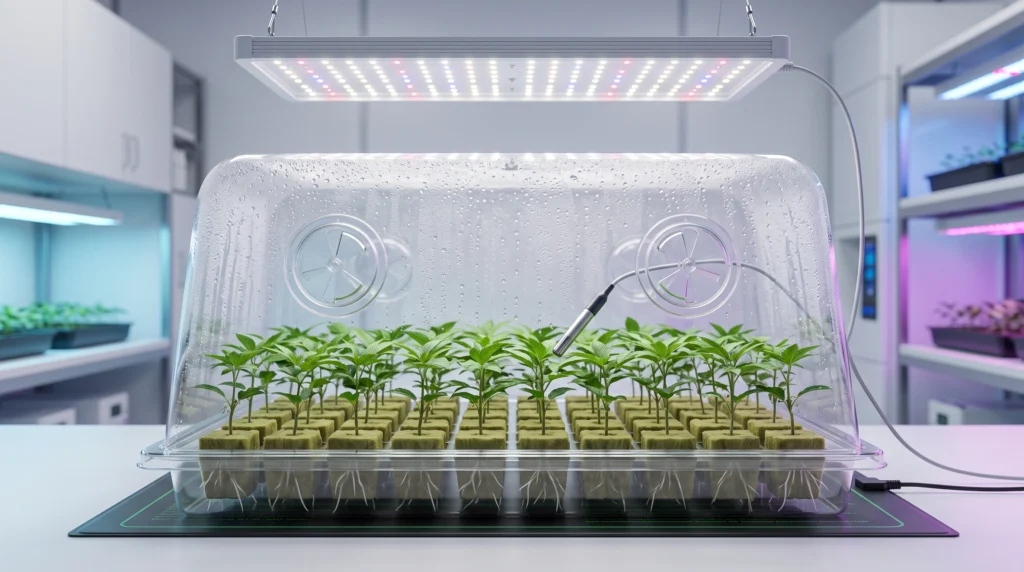 Cloning in Hydroponics: The Engineer's Guide to Vegetative Propagation 9 Hydroponic clones under a humidity dome with controlled temperature, humidity, and low-intensity grow lighting