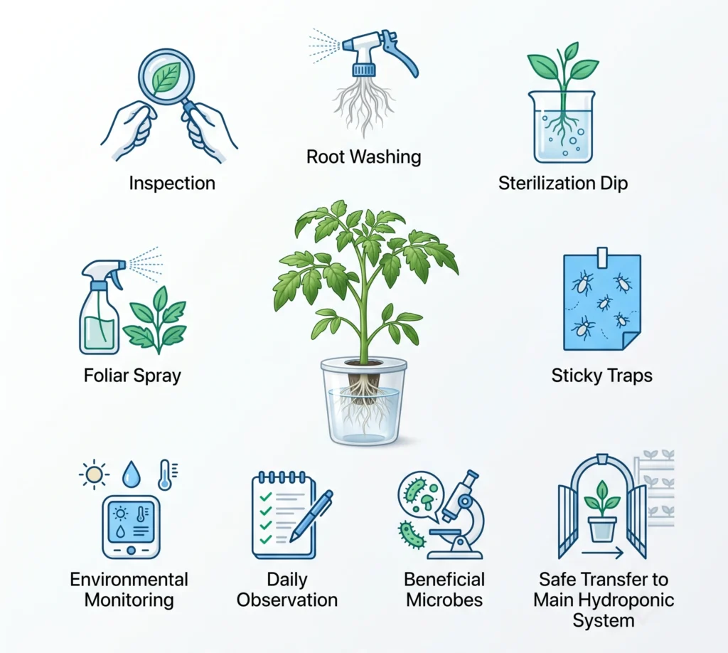 Square scientific infographic summarizing the essential hydroponic clone quarantine checklist for preventing pests and root diseases.