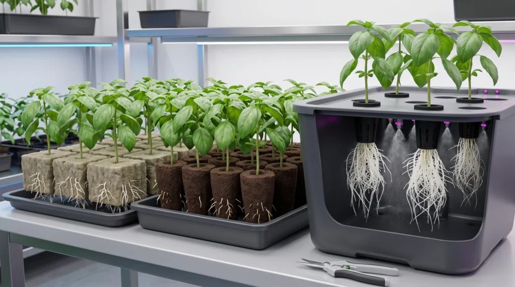 Cloning in Hydroponics: The Engineer's Guide to Vegetative Propagation 7 Rockwool cubes, coco plugs, and aeroponic cloning system used for hydroponic cuttings
