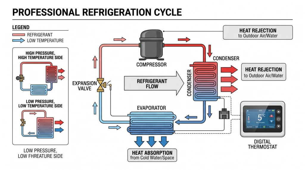Diagram illustrating the refrigeration cycle inside a hydroponic water chiller.