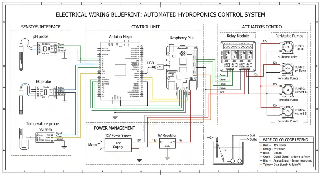 Electrical wiring diagram showing Arduino, Raspberry Pi, relays, power supplies, probes, and dosing pumps.