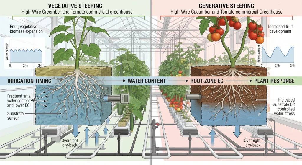 Hydroponic Greenhouse Cucumber and Tomato Production Systems 5 Vegetative and generative crop steering using irrigation timing dry-back and substrate EC