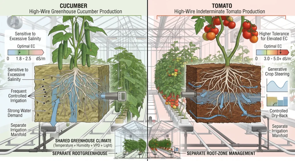 Hydroponic Greenhouse Cucumber and Tomato Production Systems 15 Hydroponic cucumber and tomato comparison showing different root zone EC irrigation and crop requirements