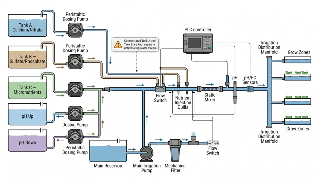 Hydroponic dosing skid architecture showing nutrient tanks, peristaltic pumps, manifold, static mixer, sensors, and grow zones