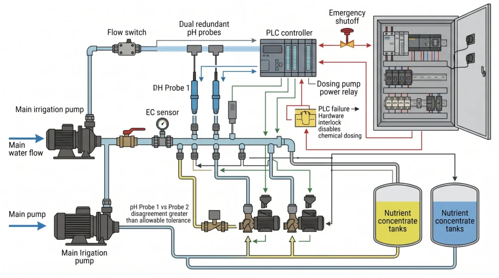 Hydroponic dosing skid fail-safe system with redundant pH probes, flow switch, PLC lockout, and emergency shutoff