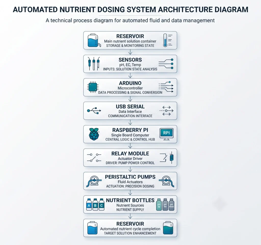 Block diagram showing communication between Arduino, Raspberry Pi, sensors, relays, pumps, and reservoir.