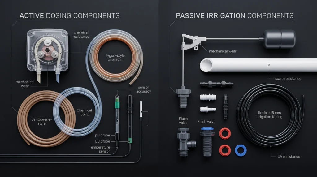 Chemical-resistant tubing, pH and EC probes, peristaltic pump and Smartvalve components