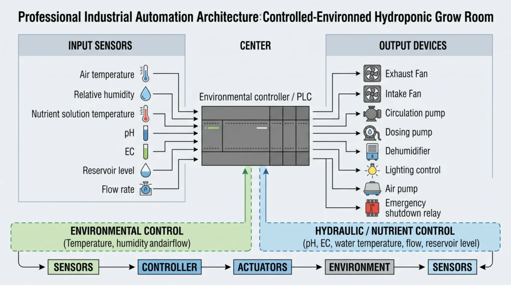 Hydroponic control system integrating pH, EC, temperature and environmental sensors