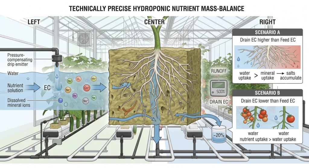 Hydroponic Greenhouse Cucumber and Tomato Production Systems 6 Hydroponic feed and drain EC mass balance showing nutrient uptake and salt accumulation
