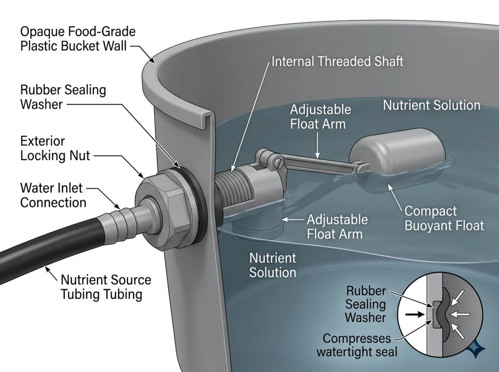 DIY Gravity-Fed Auto-Top Off (ATO) Reservoirs for DWC and Kratky 5 Mechanical float valve installed through the side wall of a hydroponic bucket