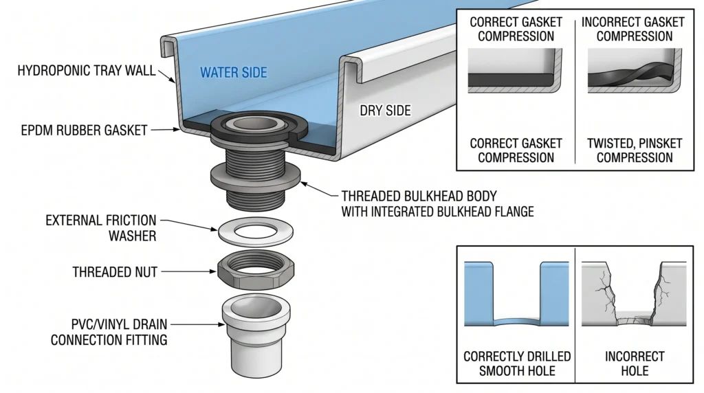 Commercial Grade Hydroponic Trays: Engineering Breakdown of Botanicare, FastFit, and Active Aqua 9 Hydroponic flood tray bulkhead installation showing gasket, tray wall, threaded fitting, washer, and drain pipe