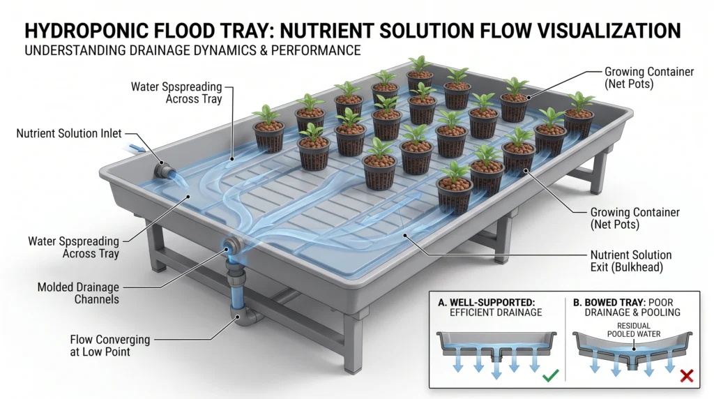 Commercial Grade Hydroponic Trays: Engineering Breakdown of Botanicare, FastFit, and Active Aqua 7 Hydroponic flood tray showing nutrient solution flow through drainage channels toward the bulkhead drain