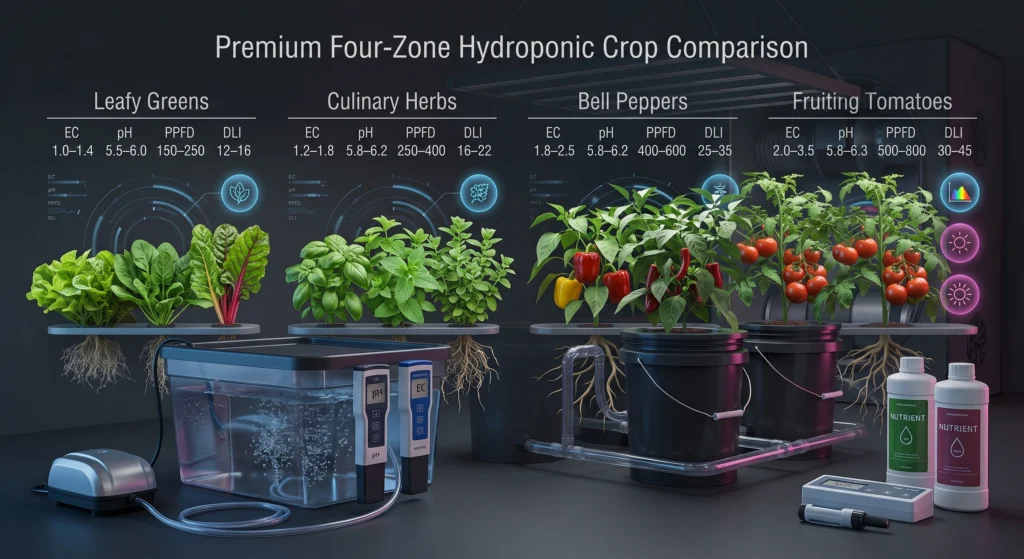 No-BS Hydroponic Gear Guide: What Actually Works for Tomatoes, Peppers, and Greens 12 Hydroponic crop comparison showing lettuce herbs peppers and tomatoes with different light and nutrient requirements