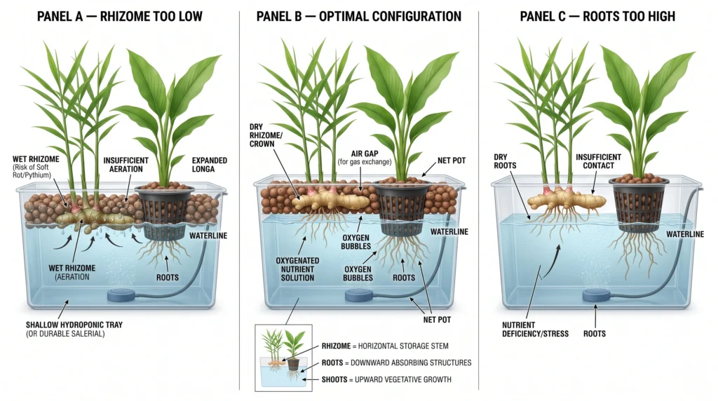 Hydroponic ginger rhizome positioned above the nutrient solution with roots extending into the water
