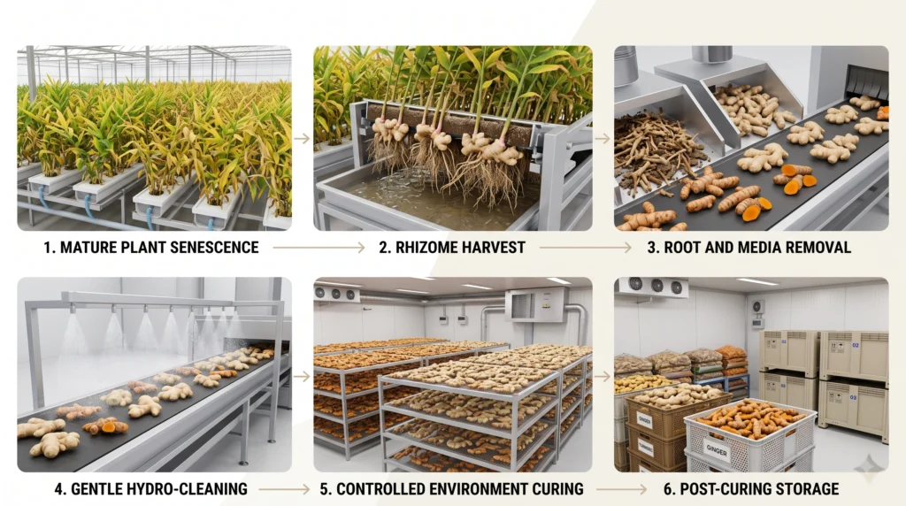 Hydroponic ginger and turmeric harvest and curing workflow from rhizome removal to dried storage