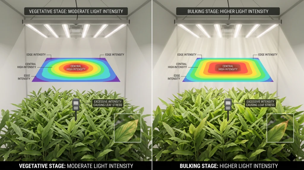 LED grow light PPFD distribution over hydroponic ginger and turmeric canopy