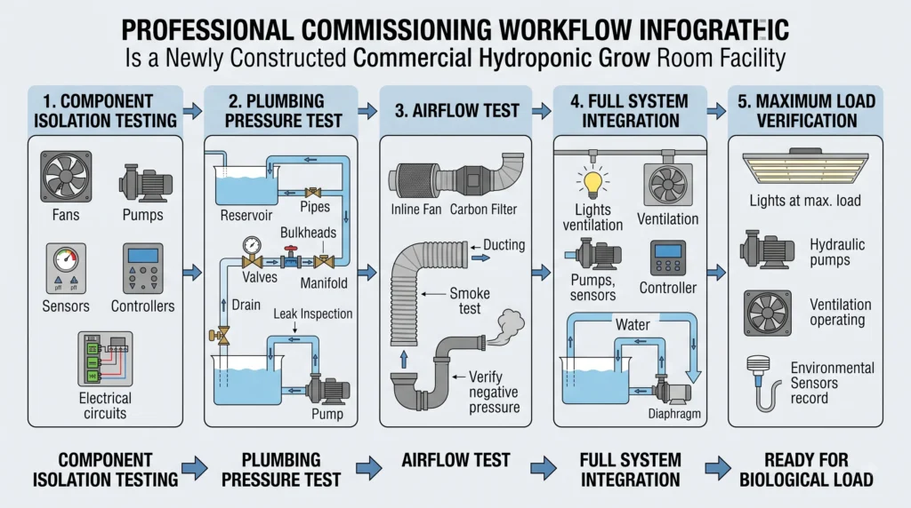 Hydroponic grow room commissioning workflow for ventilation, pumps, plumbing and environmental controls