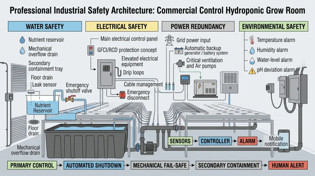 Hydroponic grow room fail-safe system with overflow drainage, backup power and emergency alerts