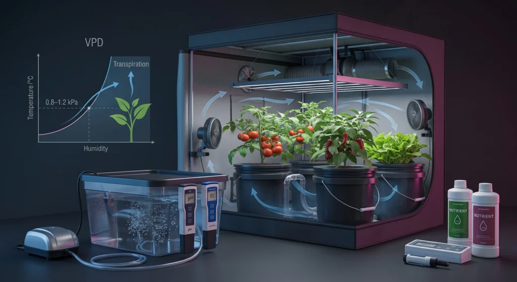 No-BS Hydroponic Gear Guide: What Actually Works for Tomatoes, Peppers, and Greens 9 Hydroponic grow tent ventilation system showing LED light exhaust fan carbon filter airflow and VPD