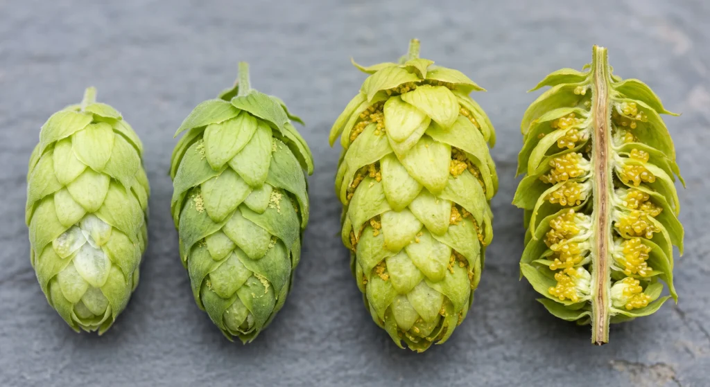 Mature hop cone showing golden lupulin glands at harvest