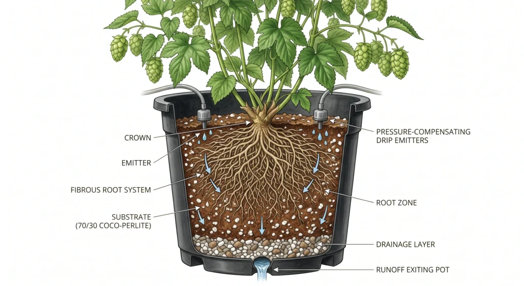 Dense hydroponic hop root system receiving drip irrigation in a coco perlite substrate