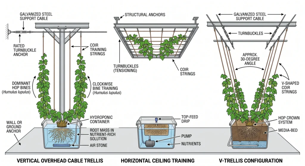 Hydroponic hop trellis showing overhead cable, coir training strings, and V-trellis configuration