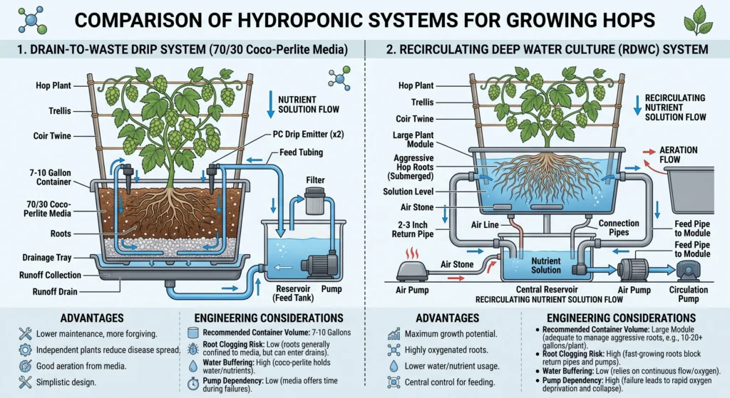 Comparison of coco perlite drip irrigation and recirculating deep water culture systems for hydroponic hops