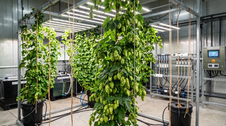 Hydroponic hops growing on a trellis under LED lighting in a controlled environment