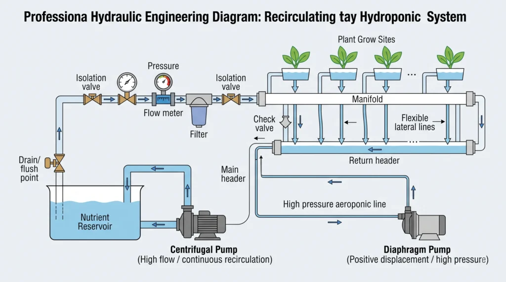 Hydroponic hydraulic system showing reservoir, circulation pump, manifold, grow sites and return line