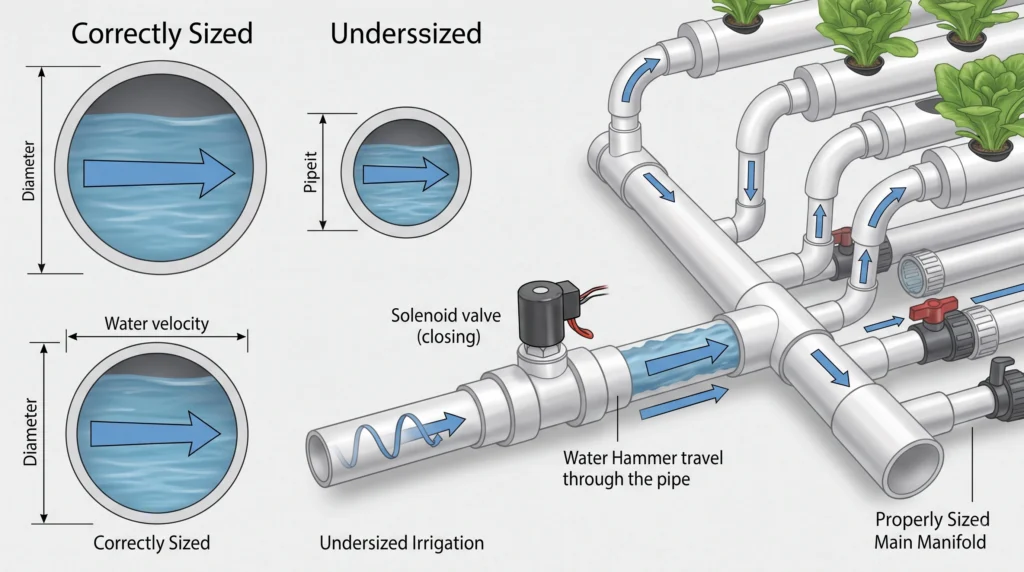 Hydroponic irrigation flow dynamics showing pipe diameter velocity and water hammer