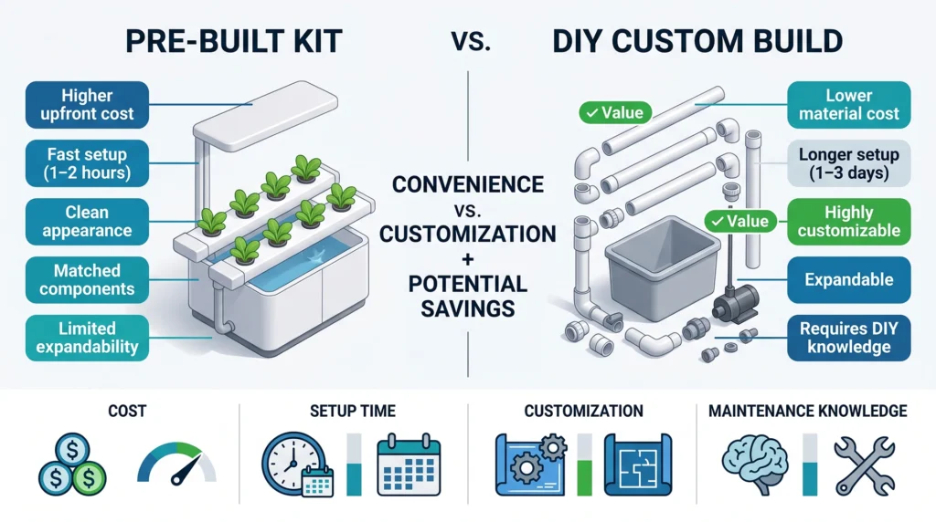 How Much Does a Hydroponic System Cost? Budget Breakdowns for Every Setup 11 Comparison infographic showing the cost, setup time, customization and maintenance differences between pre-built hydroponic kits and DIY systems